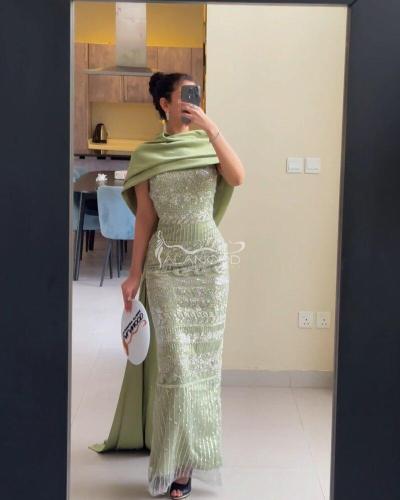 فستان سهرة شك فخم بتصميم بيج - اخضر مع تطريز كلفة...