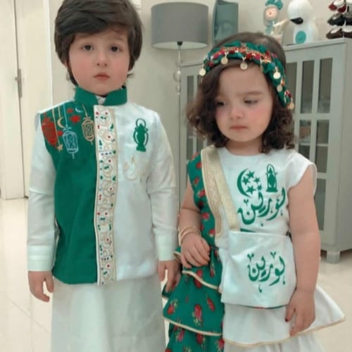 طقم فستان رمضاني اخضر مع الربطه والشمطه وسديري