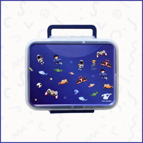 صندوق طعام مزدوج الطبقات - فضاء وسيارات أزرق