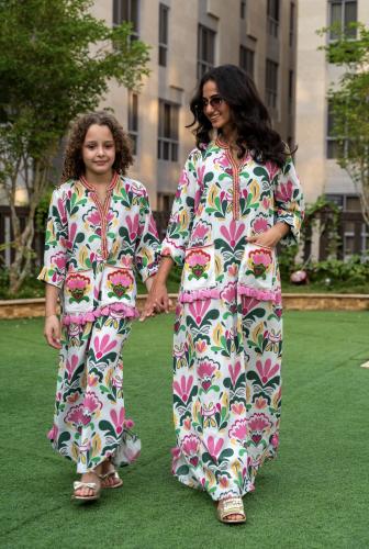 Girls' Jalabiya - Pink and Beige Floral Print - Signature 2026 - Linen