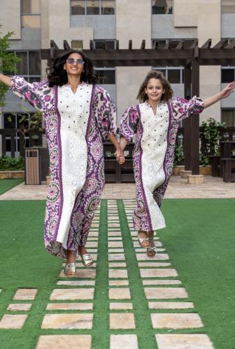 Girls' jalabiya - in beige and mauve floral print - Linen