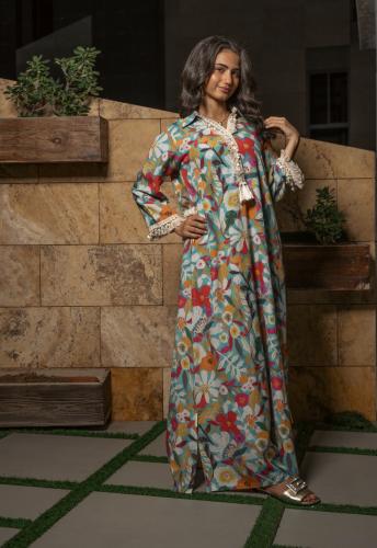 Adult jalabiya - in pink and blue floral print - for linen
