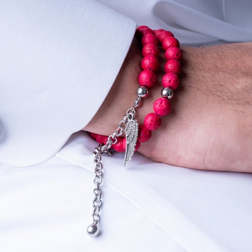 أسورة + سبحة حجر بركاني أحمر شكل جناح