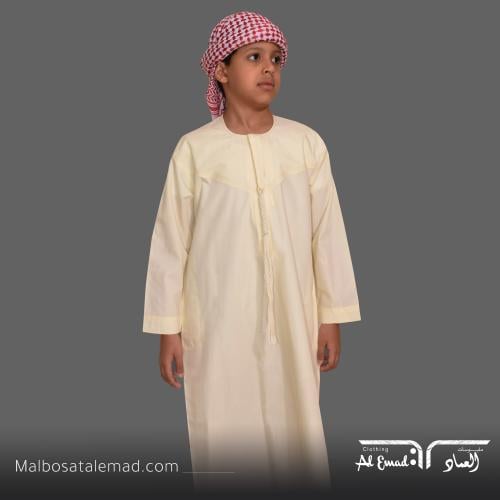 ثوب أطفال إماراتي أصفر أنيق برقبته الدائرية