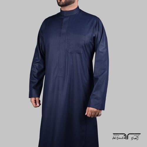 ثوب سعودي رسمي رجالي كحلي رقبة سادة كم سادة سحاب من ملبوسات العماد