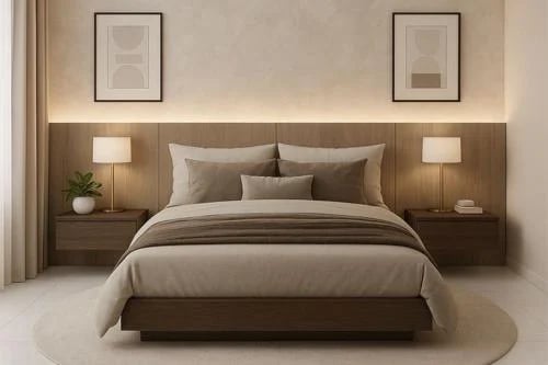 Modern bedroom without wardrobe