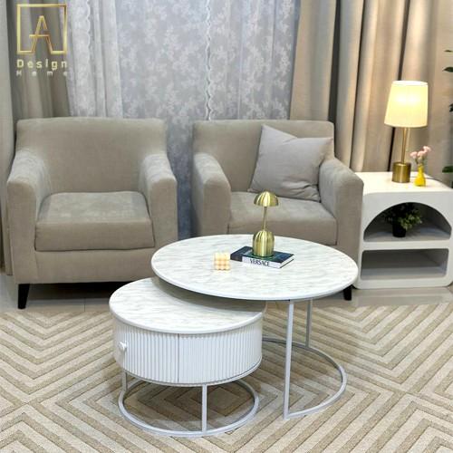 طقم طاولتين بدرج ابيض سطح خشب رخامي - طقم طاولتين...