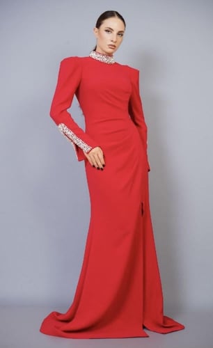 فستان سهرة بتطريز رقبة واكمام - 0029