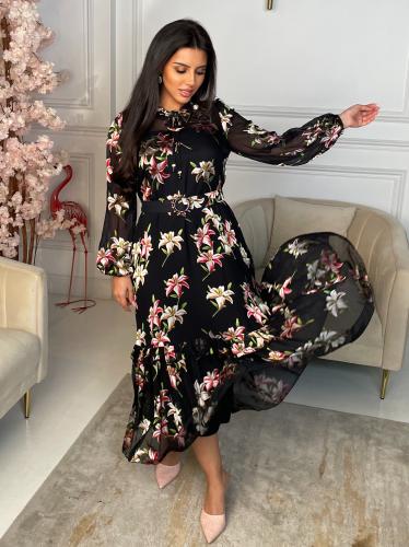 فستان أسود مورد بحزام فخم - 66