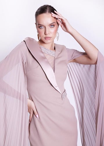 فستان بأكمام وتطريز فخم - 0028