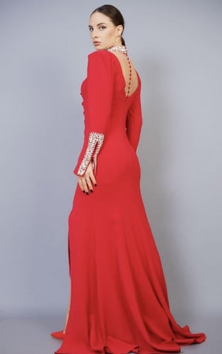 فستان سهرة بتطريز رقبة واكمام - 0029