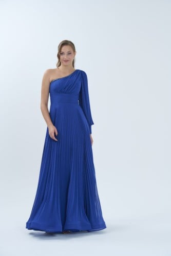 فستان طويل بأكمام واحدة مطرزة - 0035