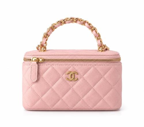 CHANEL Quilted Caviar Vanity Case with Chain & Top Handle – Pink
