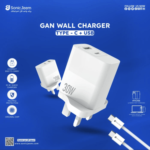 Sonic Jeem - شاحن جداري بمنفذين بقوة 30 واط مع كيب...