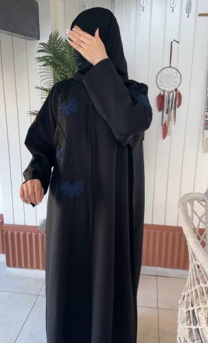 عبايه كتان مع شك اسود وورد كحلي