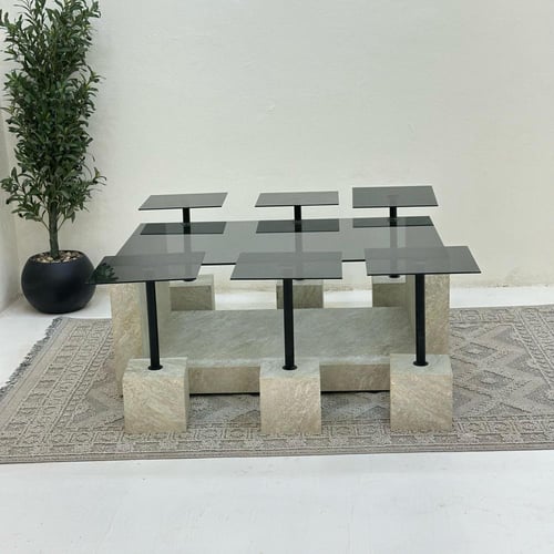 طقم طاولات يو 7 قطع سطح زجاج اسود قاعده بديل حجر