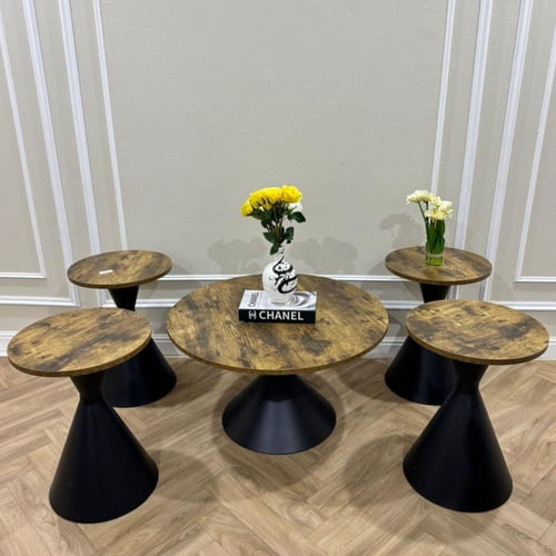 طاولة 5 قطع لون خشبي بيج دائري مع قاعدة اسود