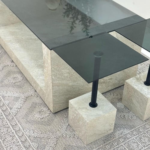 طقم طاولات يو 5قطع سطح زجاج اسود قاعده بديل حجر