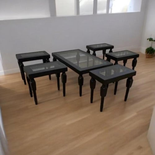 طقم طاولات7قطع سطح زجاج قاعده خشب تدريج اسود