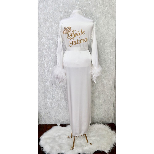 روب عرايس طويل بأكمام ريش -ابيض