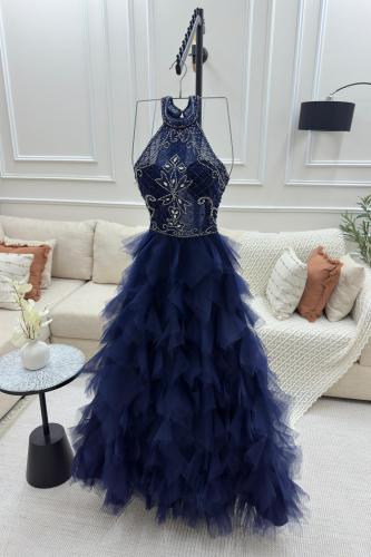 فستان تل مطرز كحلي