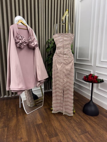 فستان سهرة تل مطرز قطعتين