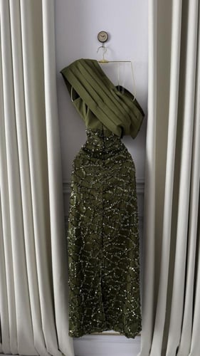 فستان سهره زيتي خرز