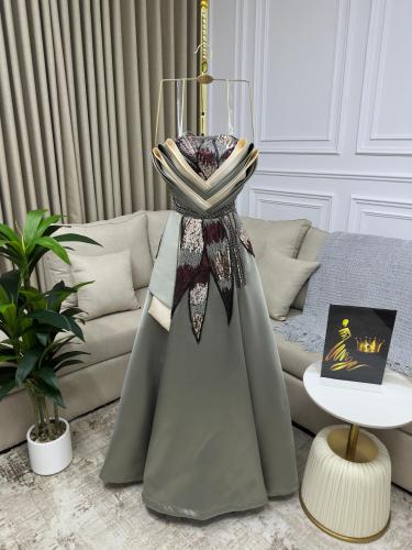 فستان سهرة مطرز زيتي