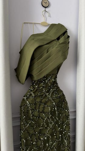 فستان سهره زيتي خرز