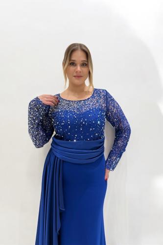 فستان طويل أزرق نيلي - بتطريز يدوي