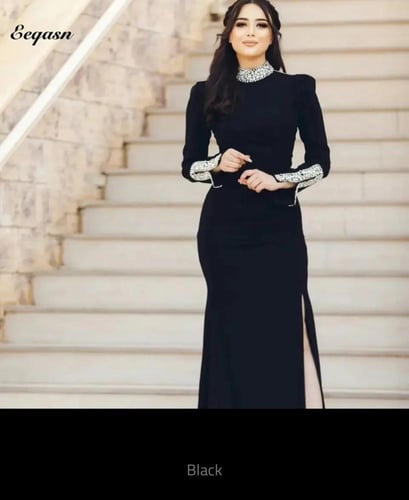 فستان سهرة حورية البحر أسود طويل بأكمام
