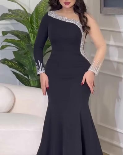 فستان حفلة كريستالي بأكمام طويلة بكتف واحد طويل لل...