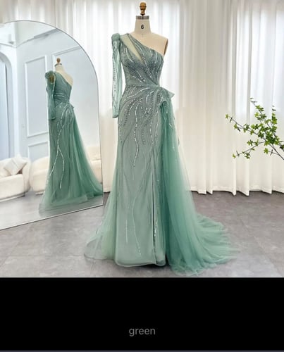 فستان سهرة بأكمام طويلة للنساء ، تنورة فاخرة ، أخض...