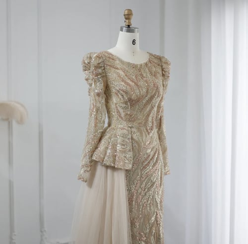 فستان سهرة بأكمام طويلة للنساء ، تنورة فاخرة ، أخض...