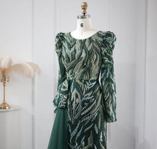 فستان سهرة بأكمام طويلة للنساء ، تنورة فاخرة ، أخض...