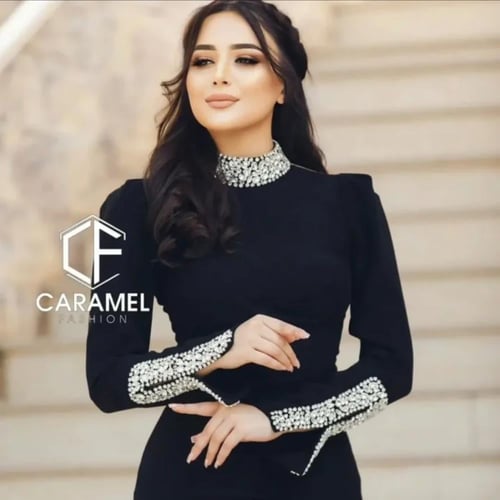 فستان سهرة حورية البحر أسود طويل بأكمام