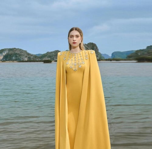 شال نسائي مزين بالخرز برقبة دائرية ، فستان حفلة مو...