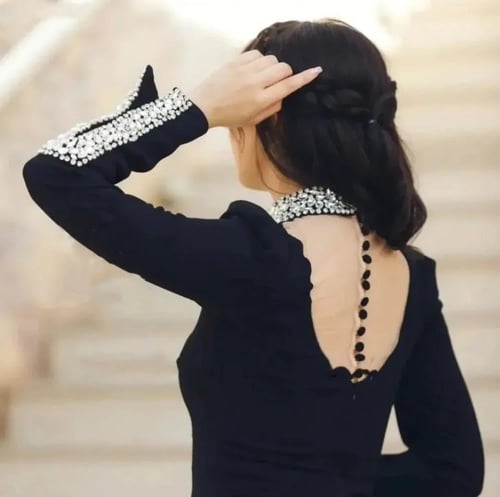 فستان سهرة حورية البحر أسود طويل بأكمام