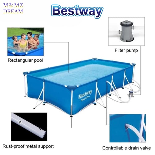 حوض سباحة للأطفال والكبار بإطار معدن مستطيل مع فلت...
