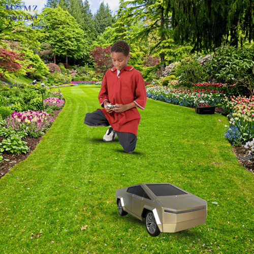 سيارة تسلا ، مع جهاز تحكم عن بعد للأطفال.