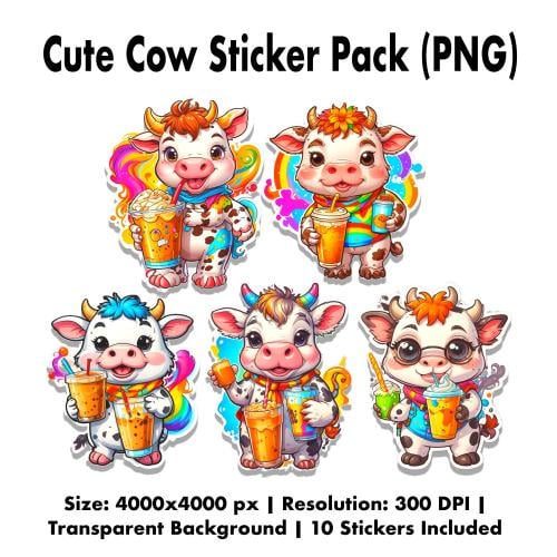 حزمة ملصقات بقر كيوت ملونة (PNG)