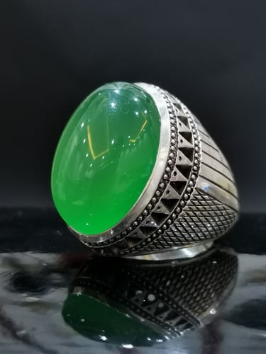 خاتم الفضة بحجر عقيق خرساني ايراني أخضر بصياغة الخ...
