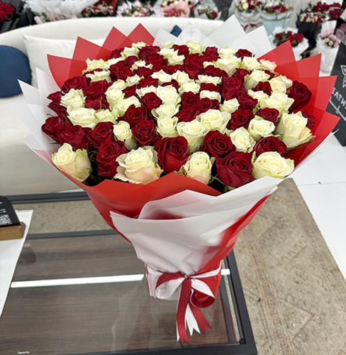 باقة ورد جوري ابيض واحمر | 100ورده