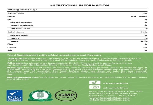 اتش اس اي نيوتريشن بيف بروتين ايزوليت - الفراولة و...