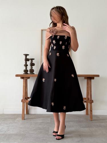 فستان ميدي اسود اوف شولدر