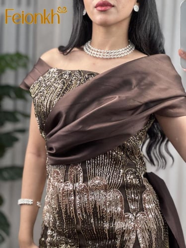 فستان:سهرة لون موكى تطريز خرز راقي