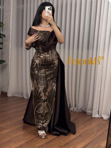 فستان:سهرة لون موكى تطريز خرز راقي