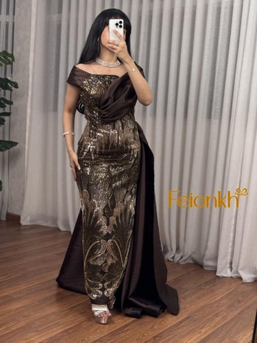 فستان:سهرة لون موكى تطريز خرز راقي