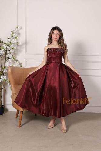 فستان: برغندي ارجنز ناعم لمعه ميد