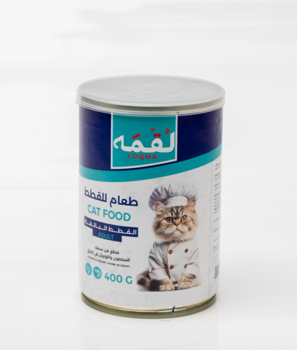 لقمة قطع من سمك السلمون والروبيان في المرق للقطط ا...